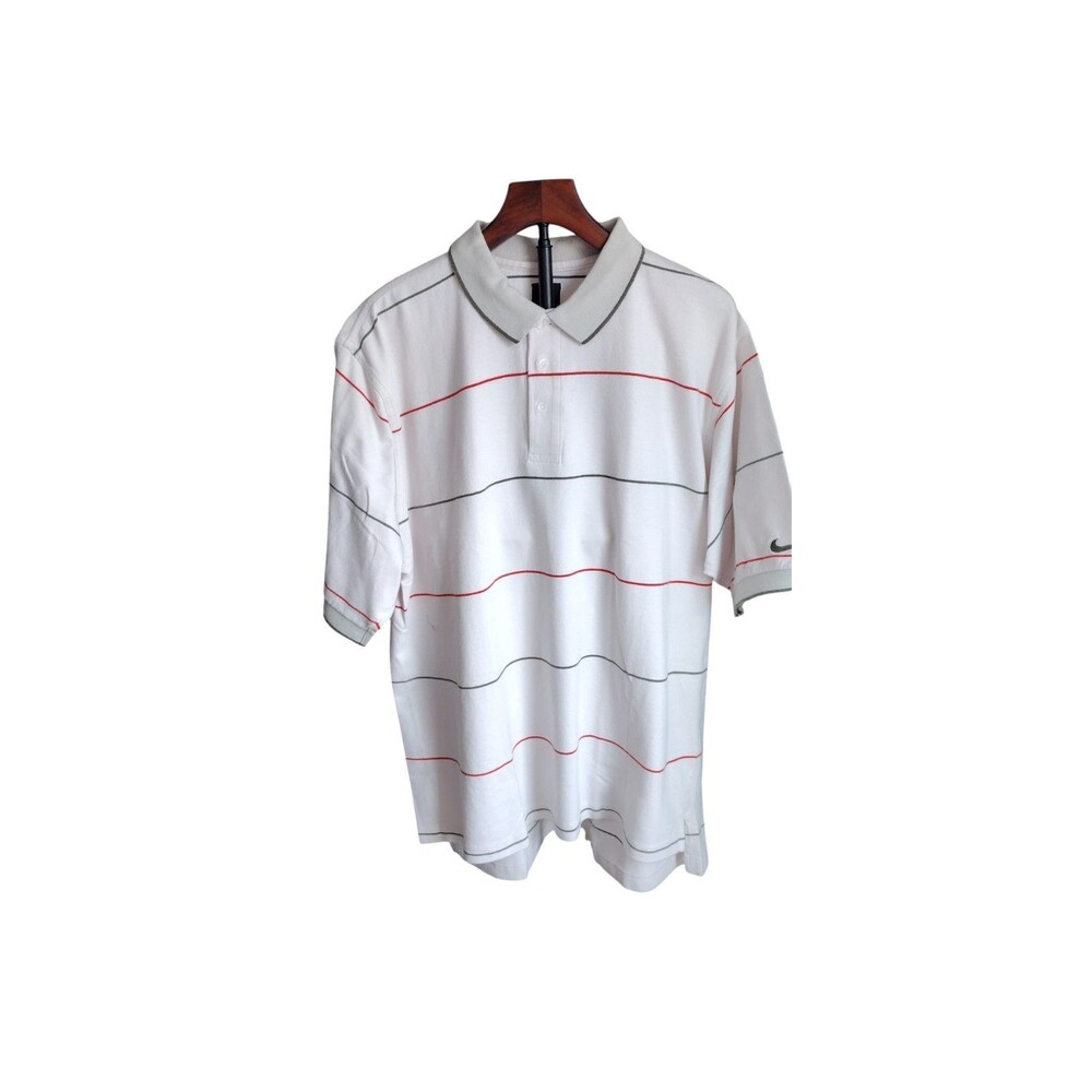Nike Vintage Golf Polo Shirt Mens XL White Red Grey Striped Short Sleeve